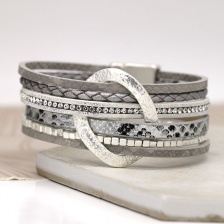 Silver Plated Metallic Leather Bracelet with Crystals & Oval by Peace of Mind